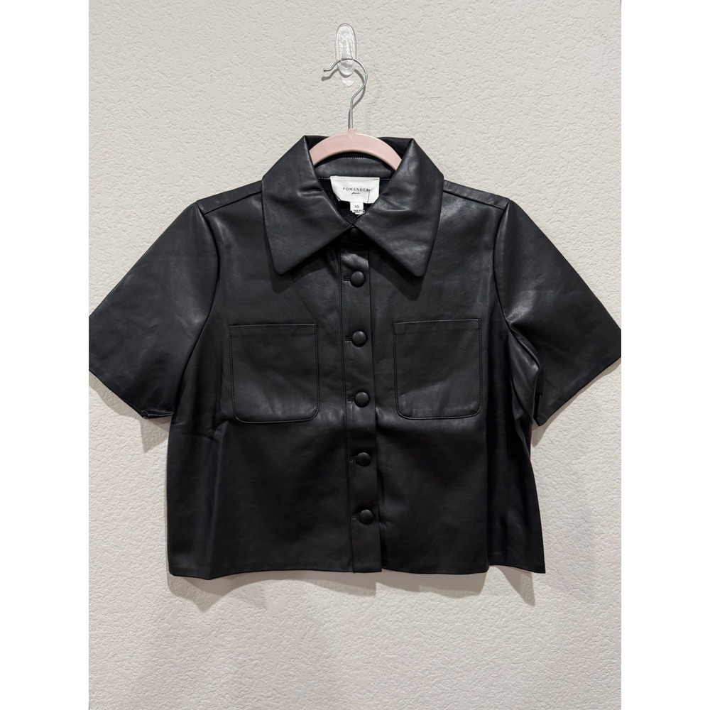 Tuckernuck Faux Leather Button Up Cropped Shirt Black XS Pockets Edgy Grunge NEW - Picture 2 of 7